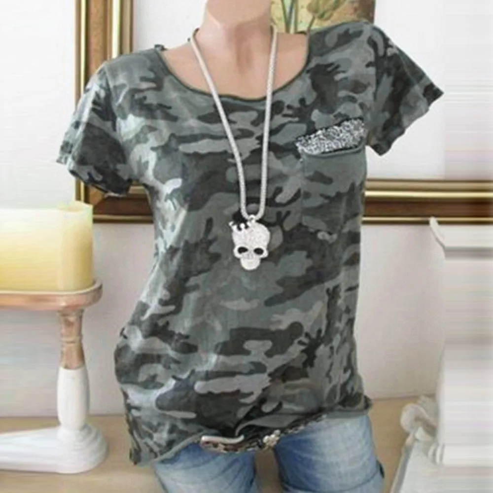 

2019 Camouflage Printed Camo T Shirts Women Army Short Sleeves O Neck Pocket Female T-shirt Top Summer Casual Loose Cotton Tees