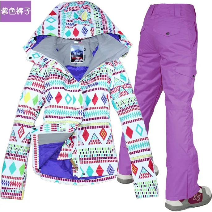 Фиолетовый лыжный костюм для женщин, яркий лыжный костюм для сноубординга, белая Лыжная куртка и фиолетовые лыжные брюки со множеством карманов, лыжная одежда - Цвет: Фиолетовый