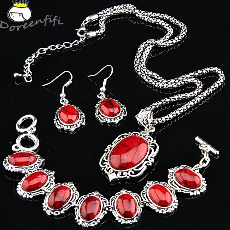 

Big Promotions Antique Silver 3pcs Oval Red Turquoise Natural Stone Necklace Earrings Bracelet Vintage Jewelry Set A1086