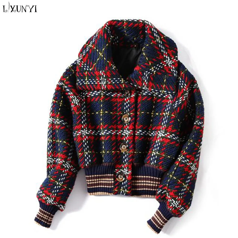 

High Quality Wool Coat Women Slim Short Plaid Tweed Jacket Fashion Female Outwear Red Lapel Woolen Coat Fashion Women Jackets