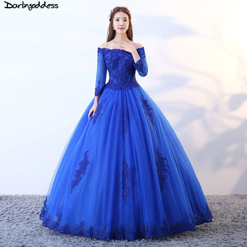 Darlingoddess Королевский синий Quinceanera платья с длинным рукавом аппликации кружева