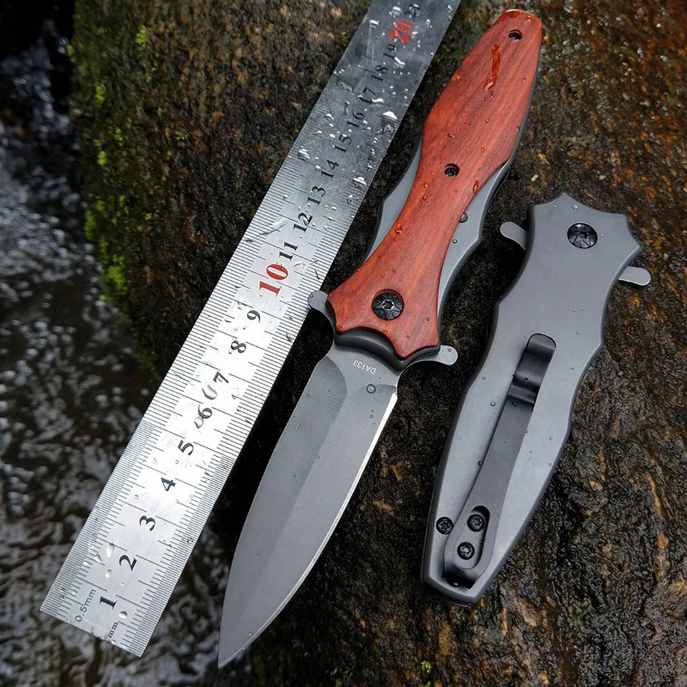 

AZRAEL OD97 Folding knives Titanium Surface Hardwood inlay Handle fast open Hunting Camping hands tool Fighting Knife