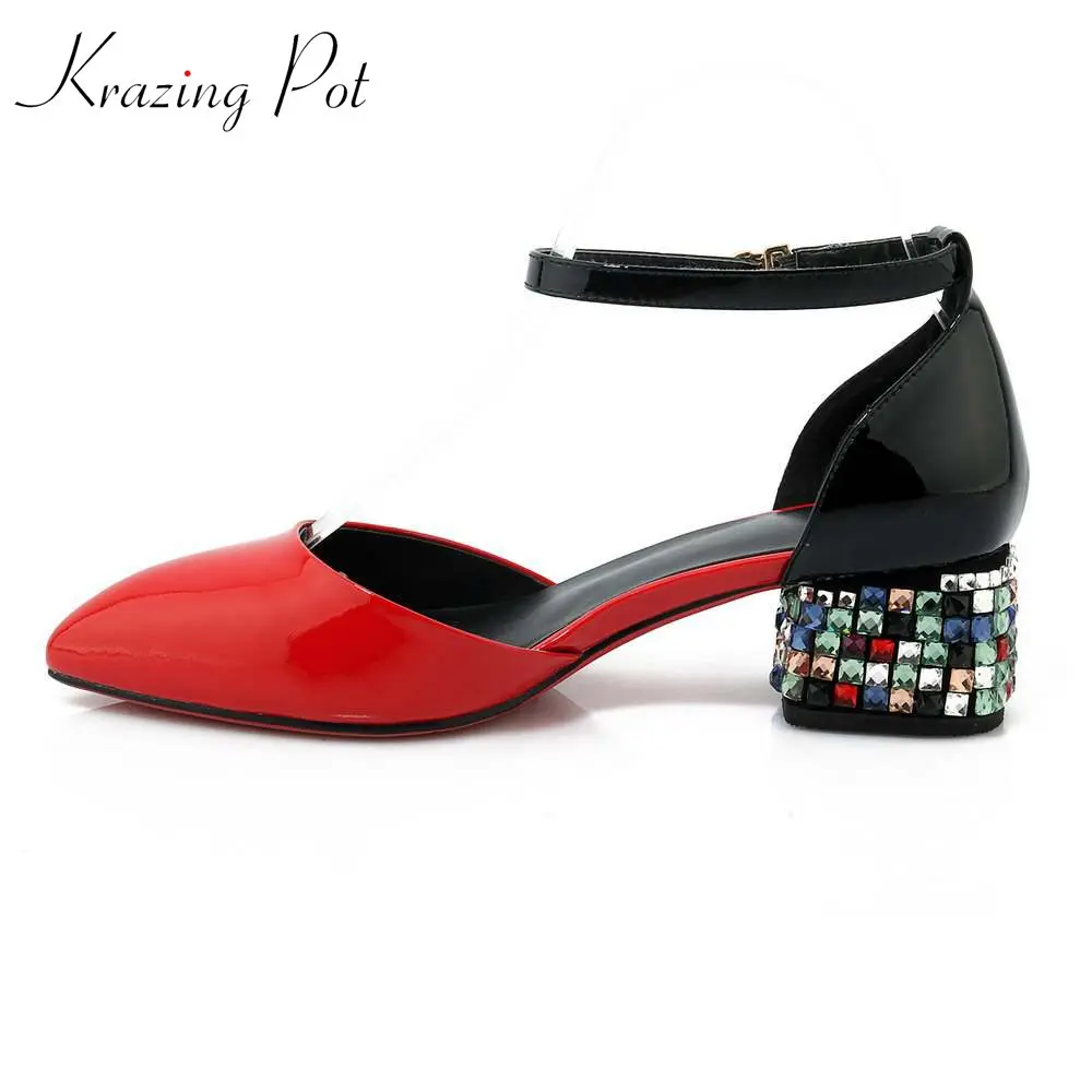 

Krazing Pot cow leather Korean girl women vintage crystal hee pointed toe med heels movie star ankle strap women pumps L01