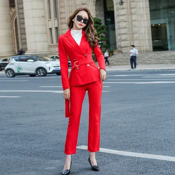 

Work Pant Suits OL 2 Piece Set for Women red Business interview suit set uniform Slim Blazer and Pencil Pant Office Lady suit