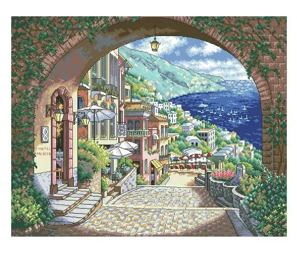 cs-2168 Cross Stitch Kit Coastal View Hotel Sea City Seashore Beach dim 35265