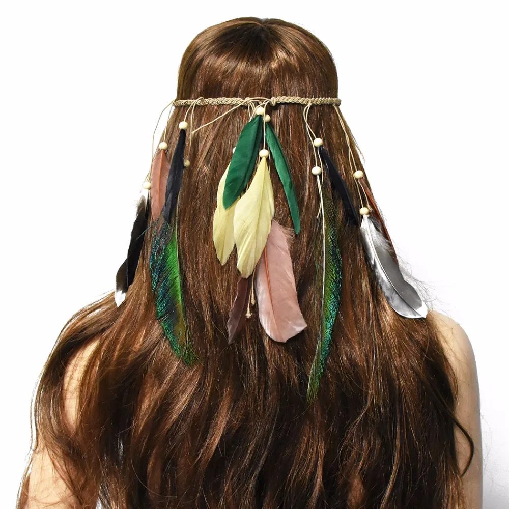 

Bohemian Feather Hippie Headbands Headdress Woven Rope Indian Peacock Feather Head Piece Tribal Gypsy African Hair Accessories