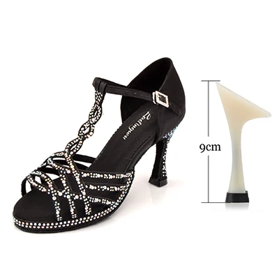 Ladingwu танцевальная обувь женская обувь для латиноамериканских танцев блестящая Платформа со стразами и женский шелковый атлас Бронзовый черный Бальные Танцевальные сандалии - Цвет: Black 9cm