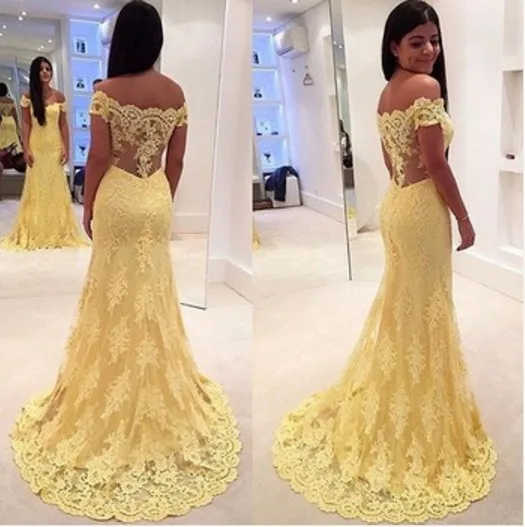 

Mermaid Prom Dress 2019 Yellow Off the Shoulder Sleeveless Trumpet with Appliques Lace Tulle vestido formatura Evening Dress
