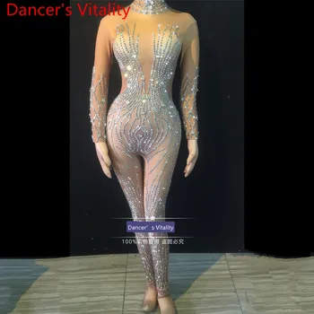 

New Modern Women Singer DJ DS Pole Guest Sexy Diamond False Perspective Elastic Long Body Suit Stage Wear Performance Costume
