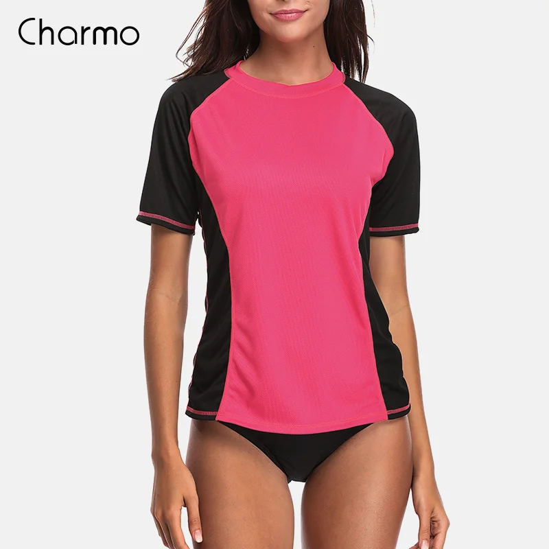 Charmo, короткий рукав, Женский Рашгард, Одноцветный, купальник, для серфинга, топ, для бега, для езды на велосипеде, рубашки, Рашгард, UPF 50 - Цвет: RED