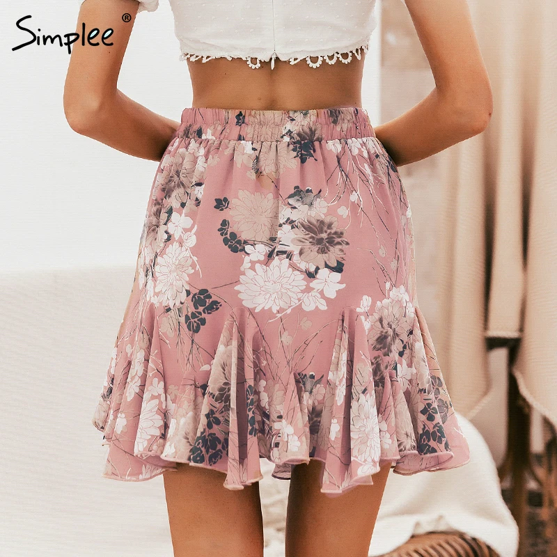 Женская мини-юбка Simplee с цветочным принтом, летние повседневные богемные пляжные короткие юбки, эластичная юбка с завышенной талией и рюшами