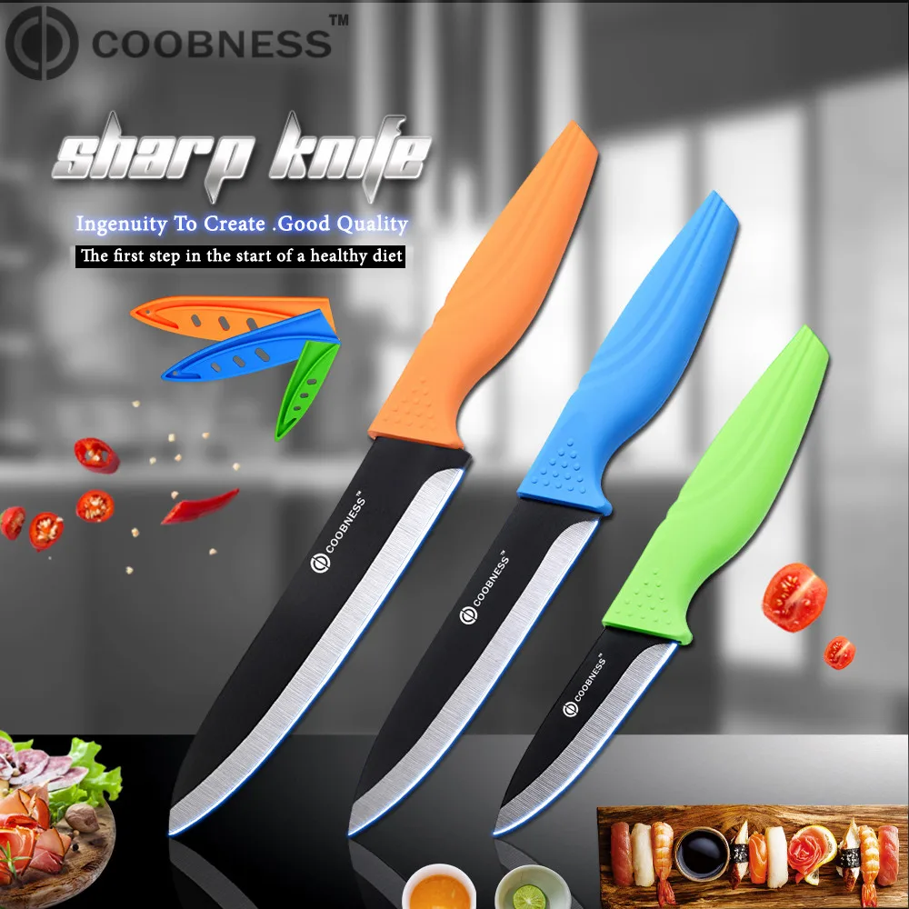 

COOBNESS Brand Top Quality Ceramic Knife 3 Piece Set Black Zirconia Blade Cooking Tool set 3" 4" 5" 6" Kitchen Knives Best Gift