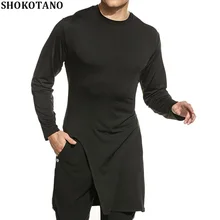 SHOKOTANO хлопковая Футболка мужская однотонная черная футболка с длинным рукавом хип-хоп Уличная Удлиненная облегающая футболка