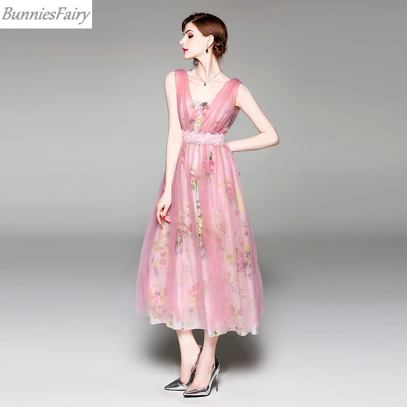 BunniesFairy 2019 летнее женское шифоновое Сетчатое длинное платье средней длины с