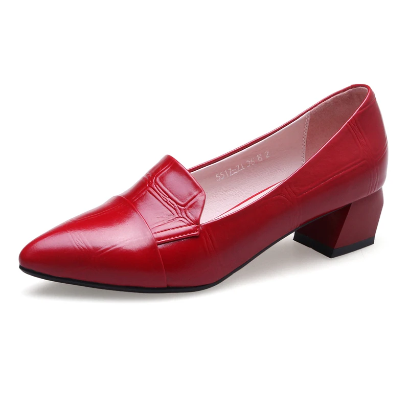 KSJYWQ Genuine leather Women Pumps Solid Red Shoes Slip on 4 CM Chunky