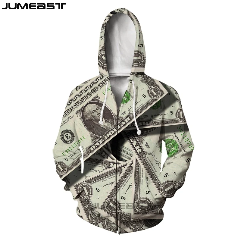 Бренд Jumeast для мужчин/для женщин с 3D принтом Деньги Доллар банкноты куртка с длинным рукавом спортивный пуловер Мода весна молния толстовки