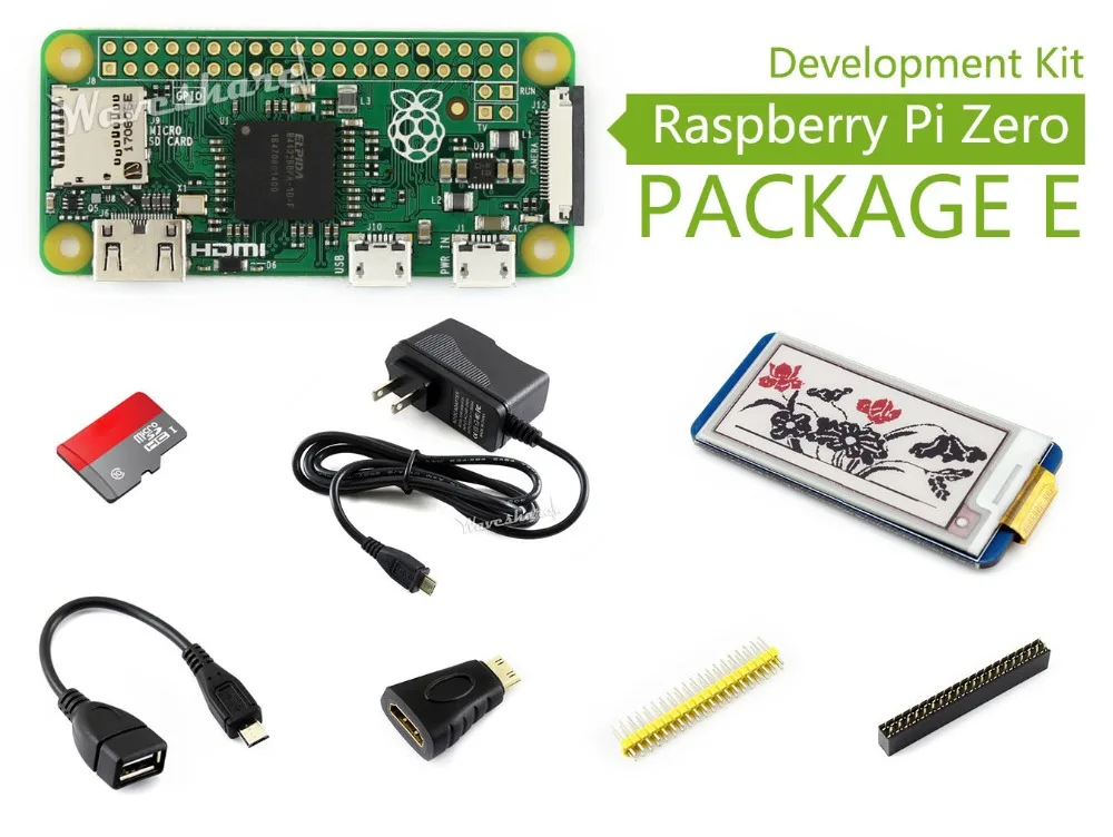 

Raspberry Pi Zero V1.3 Development Kit Type E with 2.13inch e-Paper HAT e-ink display Power Adapter and Basic Components