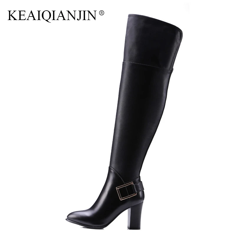 

KEAIQIANJIN Woman Genuine Leather Over The Knee Boots Winter Black High Heeled Shoes Fashion Sexy Chelsea Thigh High Boots 2018