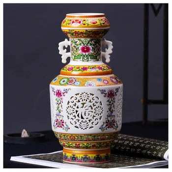 

Jingdezhen ceramic hollow double flower vase boy Famille Rose Porcelain King living room decoration decoration