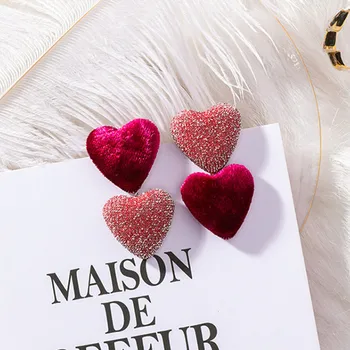 

Vintage Cotton Velvet Double Love Heart Earrings for Women Girls Fashion Korean Statement Drop Dangle Earring Party Gift 6G1003