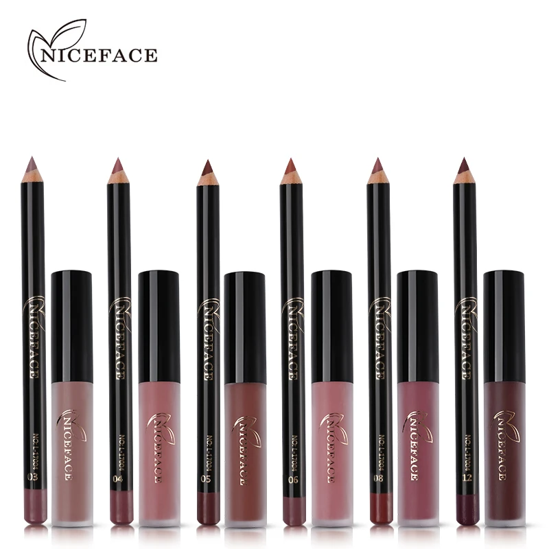 

NICEFACE Lipstick Sets Long Lasting Matte Liquid Lip Stick + Velvet Lips Pencil Makeup Kit Waterproof Batom Sexy Nude Lip Gloss