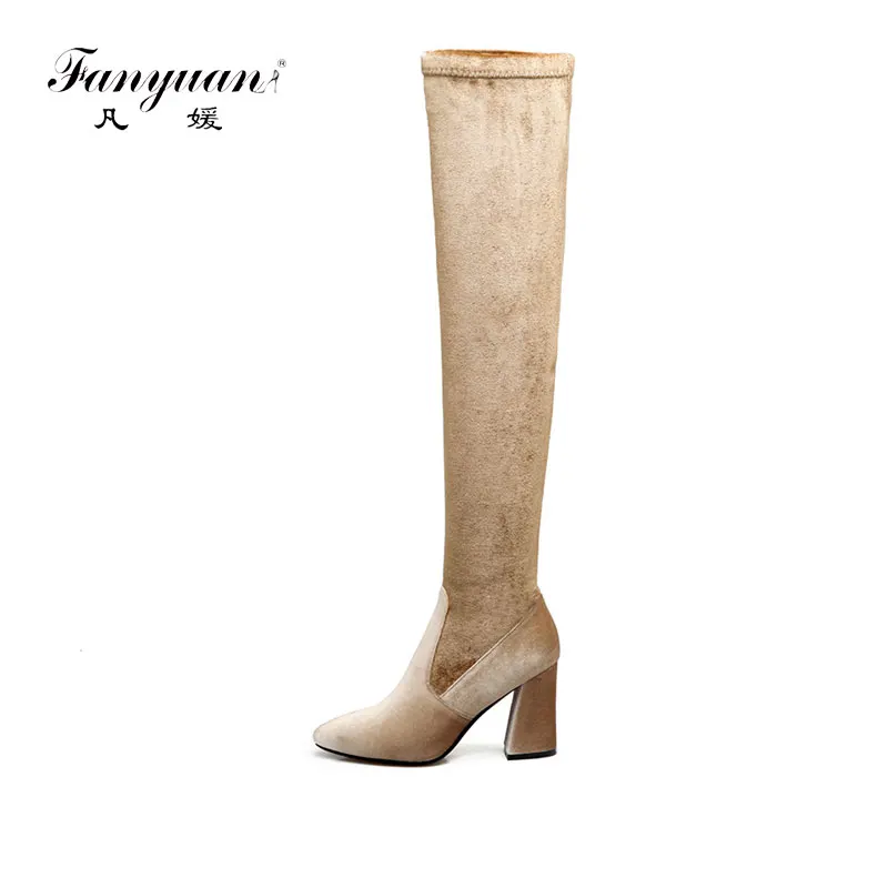 

Fanyuan 2017 new arrive women Long boots fashion flock pointed toe black red over the knee boots thin heels zipper ladies boots