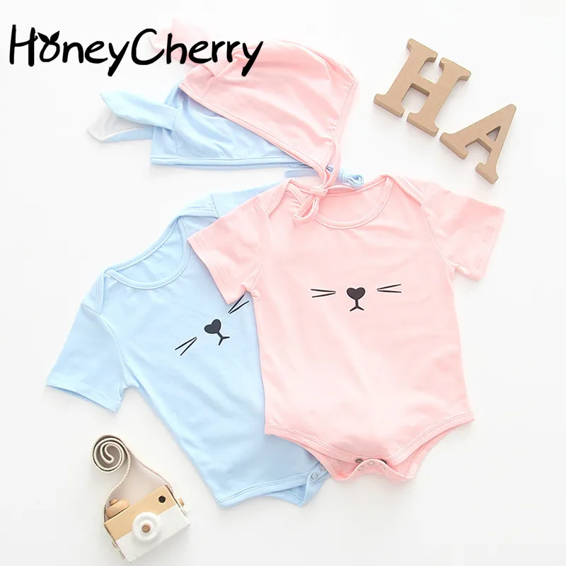 

Summer Baby Bodysuits Style Short Sleeve Cute Dog Pattern Pure Color Happy Ear Hat Two-piece Crawler Suit