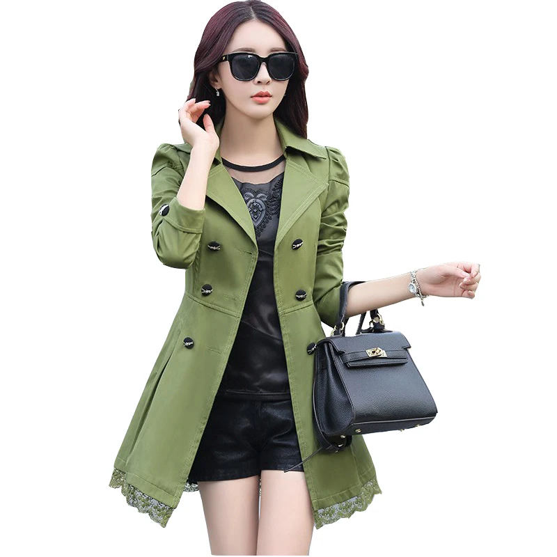 2018 New Women's Coat Lace Lap Double Breasted Long Female Trench Coat ...