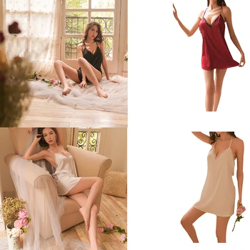 

Women V-Neck Sexy Lingerie Nightie Mini Dress Lace Sleepwear Sleveless Backless Nightwear Set