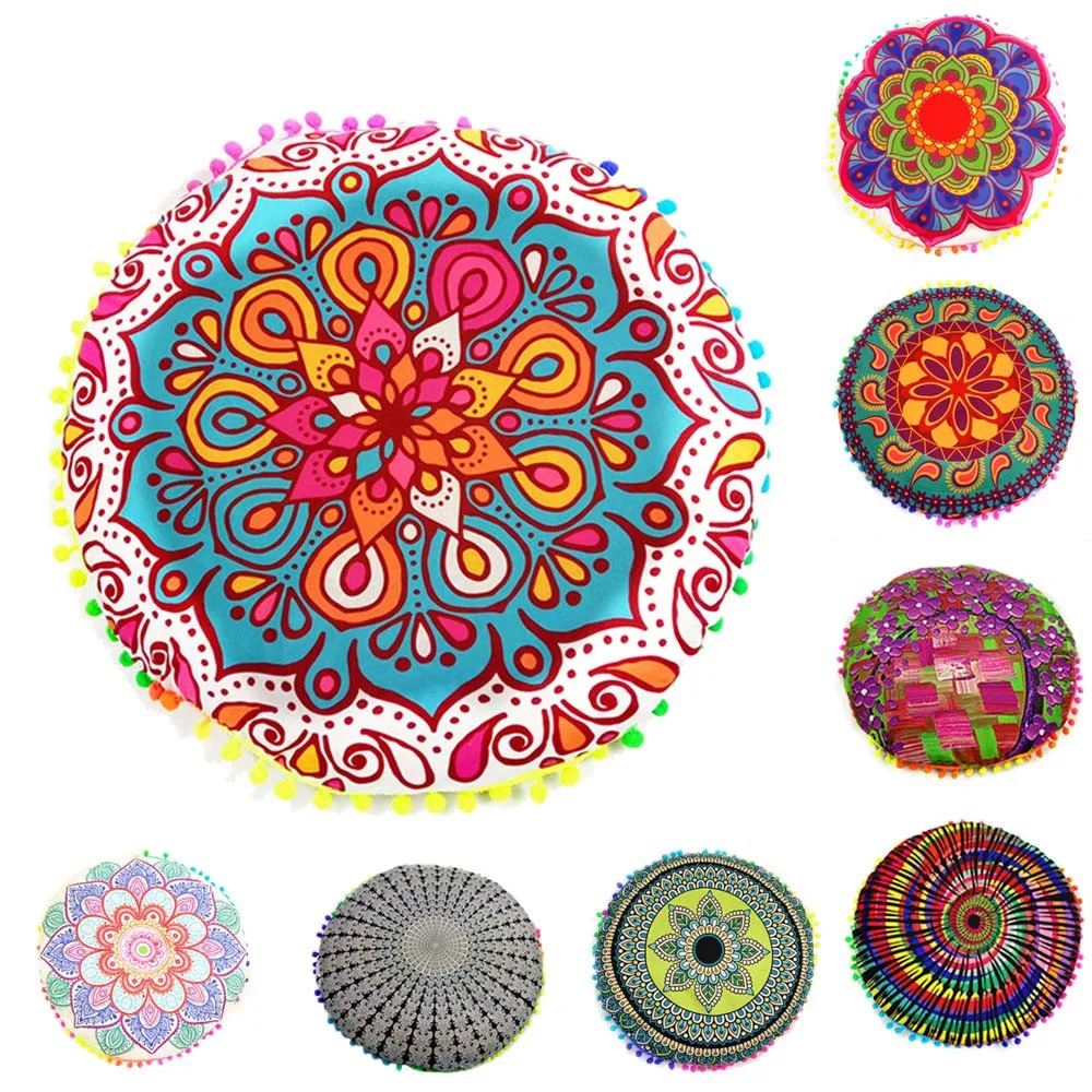 

Indian Mandala Floor Pillows Round Bohemian Pillow Cushions Pillows Cover Case silk pillowcase poszewki na poduszki #25