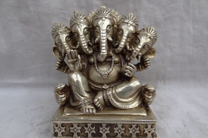 

song voge gem S2710 Chinese Silver Buddhism Tibet 5 Head Ganapati Ganesh Lord Ganesha Buddha Statue
