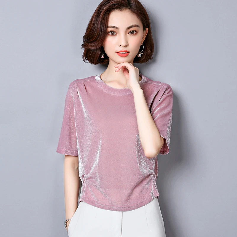 Женская сексуальная блестящая шелковая футболка с коротким рукавом Корейская летняя Kawaii Лазерная футболка с радугой рубашки черный Vogue женские Топы Одежда - Цвет: Розовый