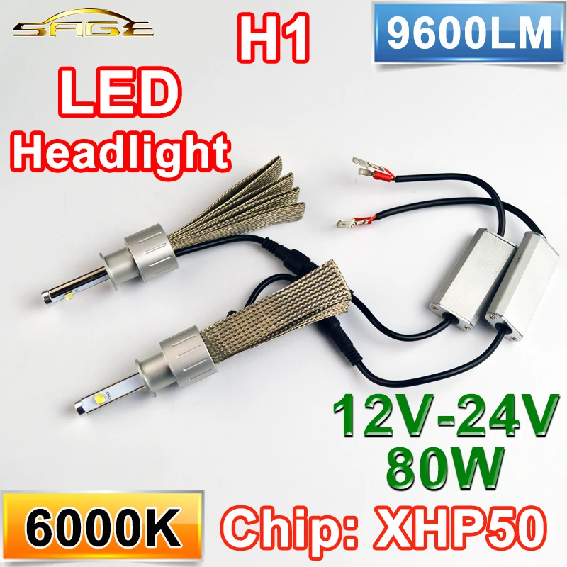  1 Set 2*40W 80W H1 LED Headlight XHP50 9600LM 12V-24V Kit All In One 6000K White Car Lamps Automotive Lights 