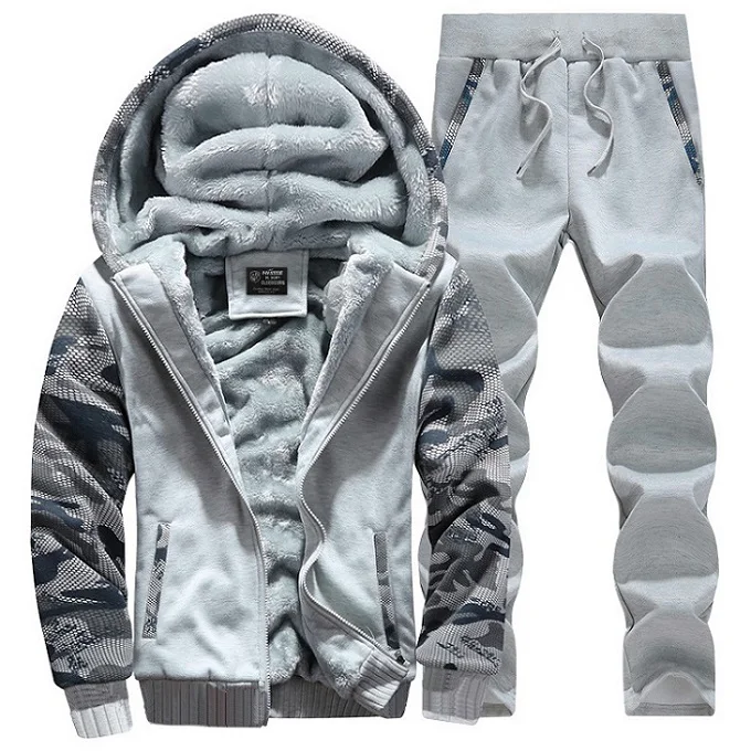 Grandwish, повседневный спортивный костюм, мужской комплект, зимний брендовый комплект из двух предметов, хлопковый внутренний флис, Мужская Толстая куртка с капюшоном+ штаны, DA879 - Цвет: Gray