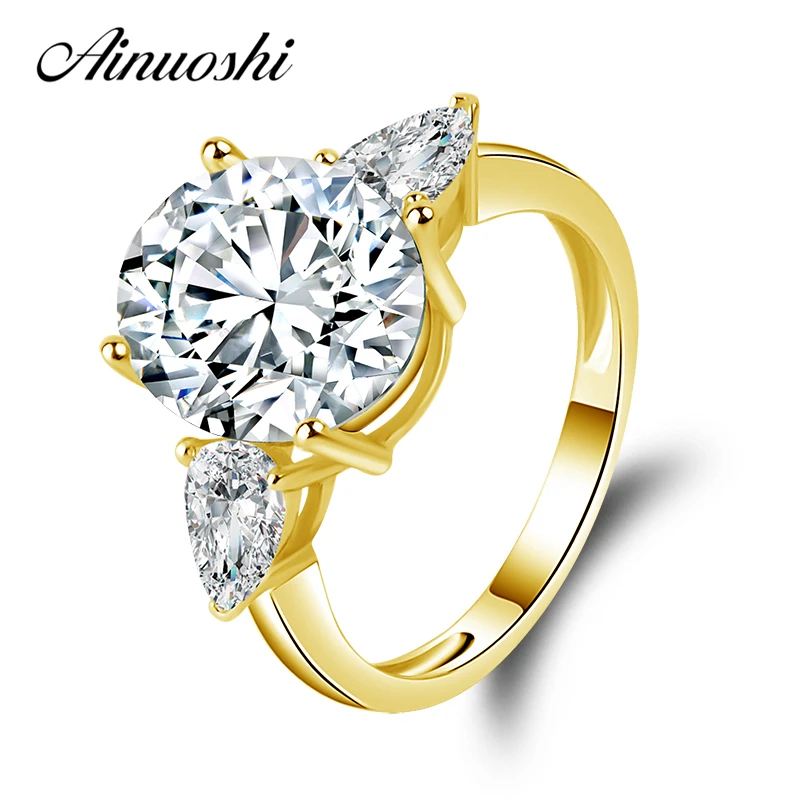 

AINUOSHI 10k Solid Yellow Gold Proposal Ring Luxury 5 ct Simulated Diamond Fine Jewelry 3 Stones Bague Women TC Collection Rings