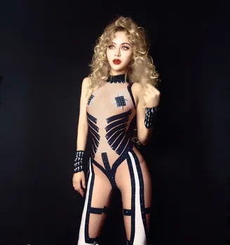 

Black Rhinestone Sexy Women Nude Jumpsuit Nightclub Performance Female Singer Dancer Wear Long Sleeves Bodysuit Stretch Costume