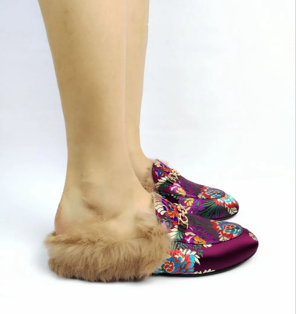 Krazing Pot/; Брендовая обувь из натуральной кожи; слипоны на меху; большие размеры; тапочки с вышивкой на плоской подошве; зимняя обувь с петлей на пятке