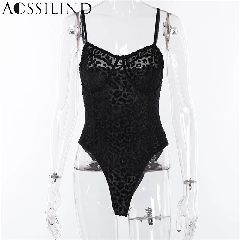 AOSSILIND Spaghetti strap skinny mesh see through leopard print sexy bodysuit summer autumn women backless club bodysuits