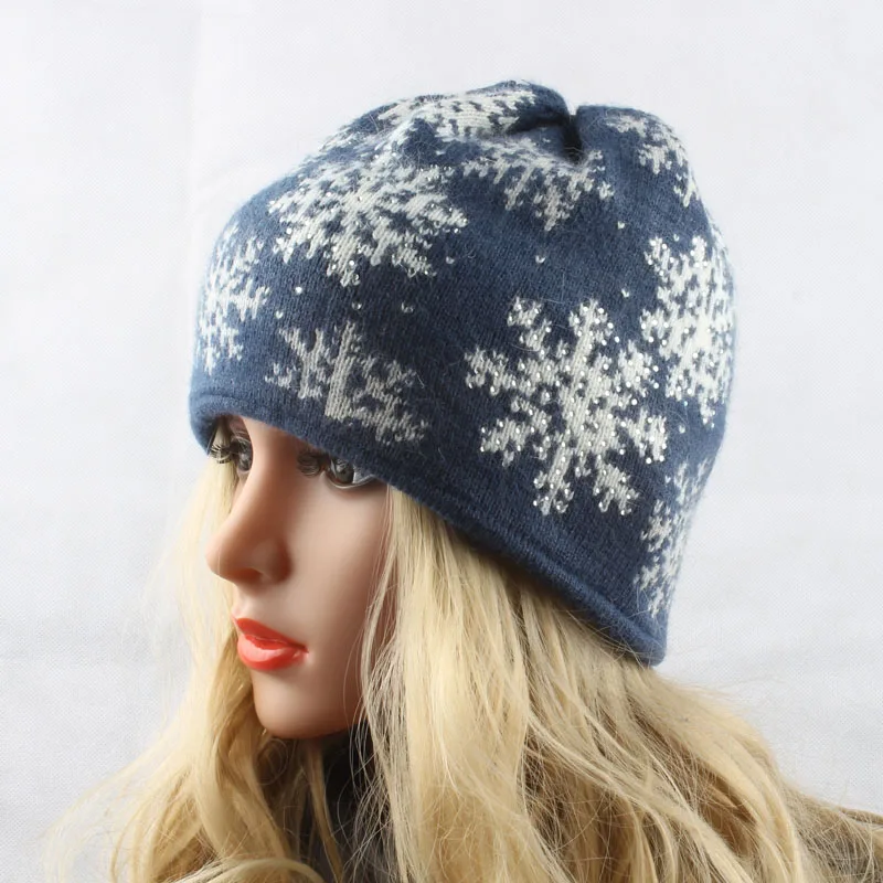 Women Knitted Wool Hats For Winter Snowflake Jacquard Ski Cap Female Rhinestone Skullies Beanies For Ladies Women Knitted Wool Hats For Winter Snowflake Jacquard Ski Cap Female Rhinestone Skullies Beanies For Ladies