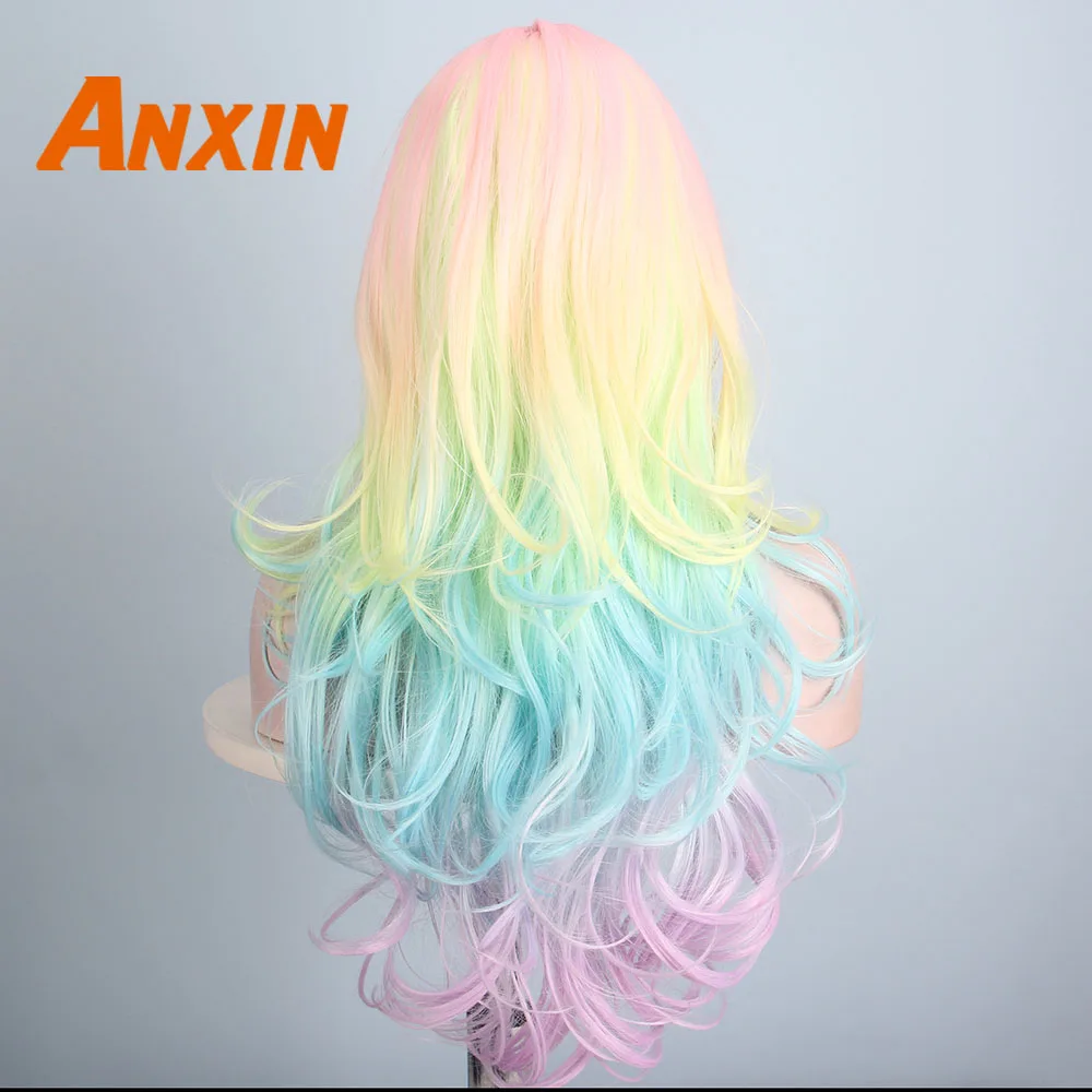 Anxin длинный волнистый парик цвета радуги для девочек косплей аниме Хэллоуин синтетический парик