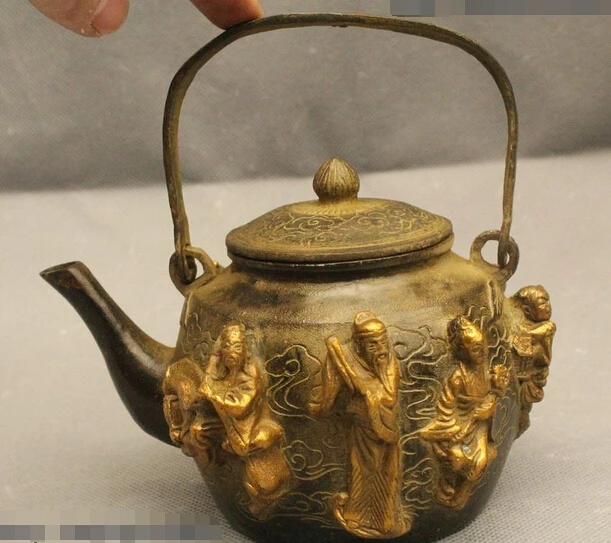 

wholesale factory 6"China Chinese Bronze Gild Lucky Eight Immortals Kettle Tea Pot Flagon