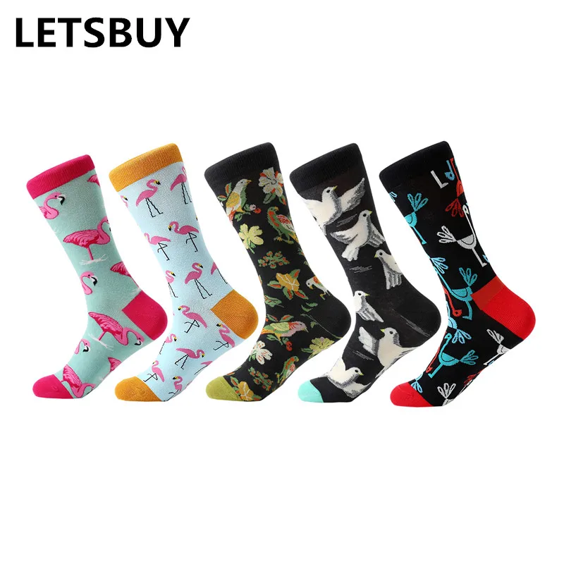

LETSBUY 5 pair/lot men's cartoon socks cotton animal bird flower colorful long socks funny sock for men casual dress wedding gif