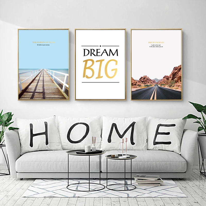 

Modern Minimalist Landscape Living Room Decoration Painting Blue Coast Boardwalk Golden Desert Road Sofa Background Unframed
