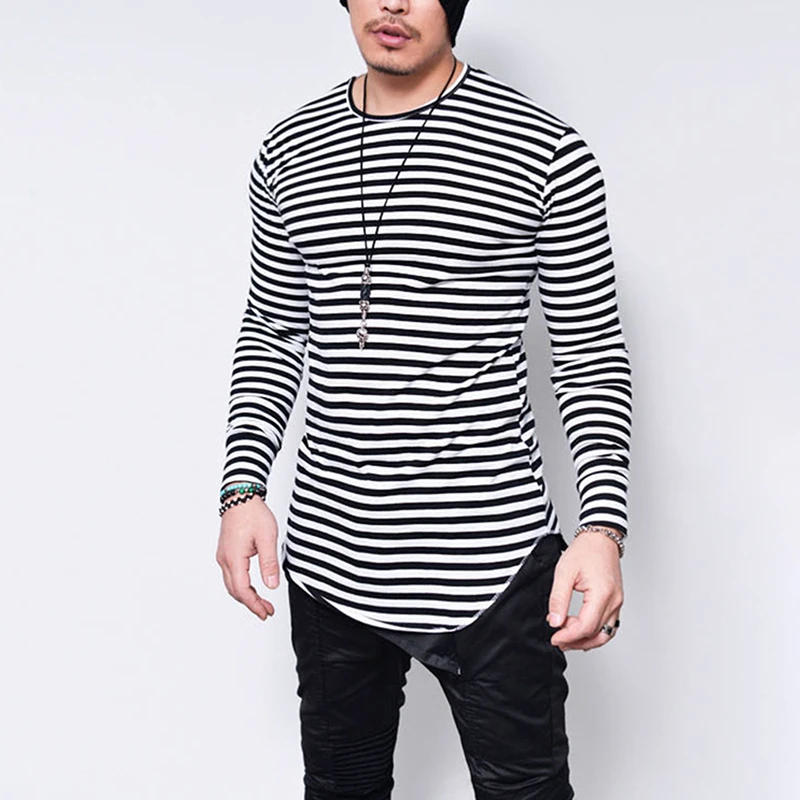 Autumn Casual Black And White Striped T Shirt Men Long Sleeve Men's T ShirtS Slim Fit Mens Clothes Trend Tops Tees