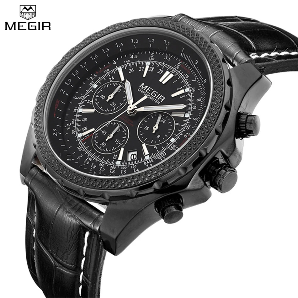 MEGIR Brand Chronograph Men Waterproof Sport Casual Male Watches Leather Strap Quartz Fashion Military Watches Clock
