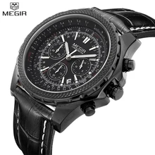 MEGIR Brand Chronograph Men Waterproof Sport Casual Male Watches Leather Strap Quartz Fashion Military Watches Clock