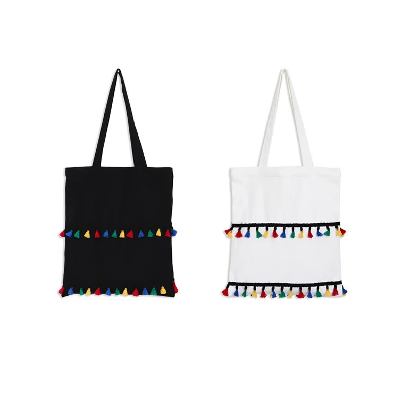KANDRA 2019 Layered Colorful Tassel Canvas Shopping Tote Bag Women Zipper Durable Shoulder Bag Female Shopping Bags Wholesale