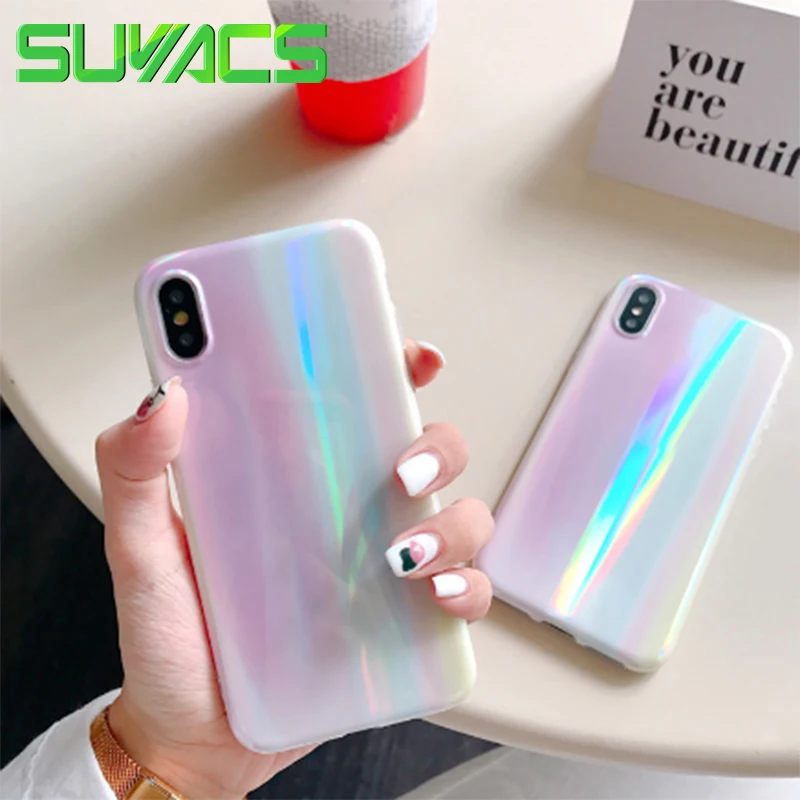 SUYACS أورورا الليزر الهاتف حقيبة لهاتف أي فون 6 6 S 7 8 زائد X XS ماكس XR لينة IMD لامع الهاتف عودة غطاء كوكه كابا