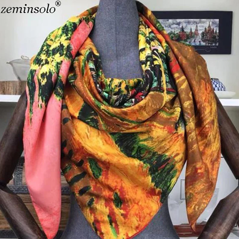 

130*130cm Silk Scarf Women Satin Square Print Smooth Silk Scarves Foulard Female High Quality Retro Luxury Brand Scarf Shawl