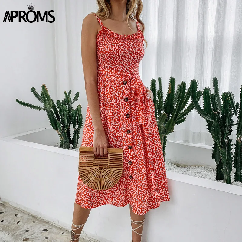 

Aproms Bohemia Sunflower Print Cotton Midi Dress Women Sexy Backless High Wasit Slim Summer Dress Sundresses 2019 Vestidos